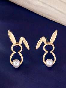 一对可爱的卡通兔子耳环，设计独特，简约高端，时尚百搭。 - 金色 - 查看 1