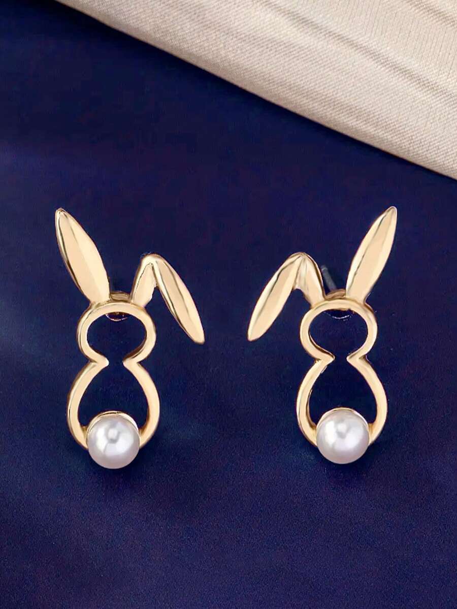 一对可爱的卡通兔子耳环，设计独特，简约高端，时尚百搭。 - 金色 - 查看 1