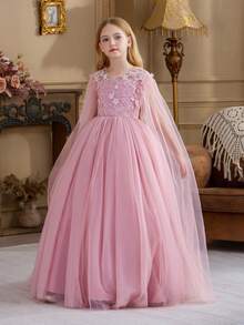 Tween Girl Elegant Lace Trim Bow Back Deep V Mesh Flower Girl Princess Dress, Suitable For Children's Birthday Party, Wedding, Prom, Holiday Occasions - Pink - View 4