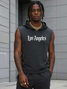 Áo hoodie không tay nam in họa tiết Gothic Los Angeles, hình cánh thiên thần và ác quỷ, áo tank top có mũ, phong cách thể thao đường phố thường ngày. - Xám - Xem 9