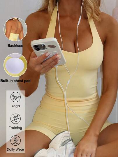 GAOVOT Women's Two Pieces Summer Sports Casual Sexy Halter Neck Tank Yellow Top And High Waisted Hip Tight Shorts Suit For Running Exercise Yoga Gym Clothes