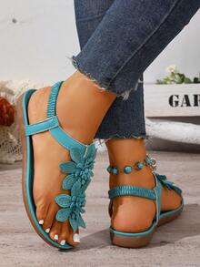 Giày sandal nữ thanh lịch, họa tiết hoa lá màu sắc tươi mát, phong cách cổ tích cho mùa hè, thiết kế hở mũi, phần trên và lớp lót bằng vải, đế ngoài chống trượt, đế trong bằng sợi microfiber - nhẹ nhàng, thích hợp cho trang phục đi biển. - Màu xanh bạc hà - Xem 5