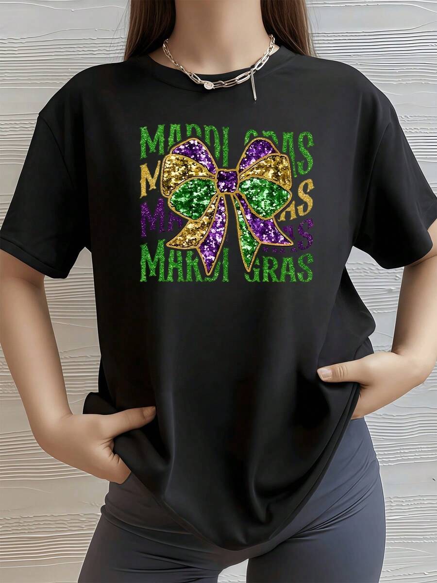 Moño brillante en tonos verde morado y dorado con palabras alusivas a Mardi Gras que evocan la alegría festiva camiseta de mujer 100% algodón 220g - Negro - Ver 1