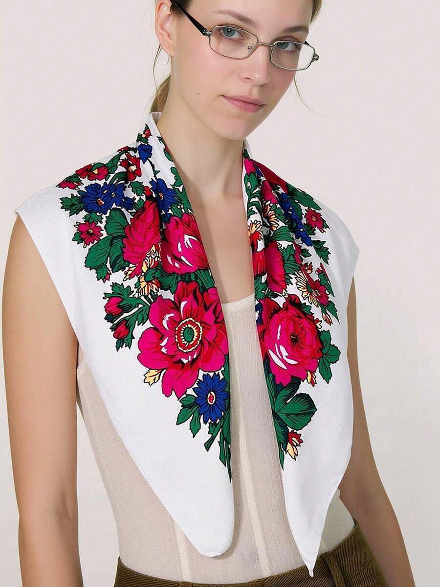1pc Floral Print Headscarf/Shawl, Russian Style Square Scarf, Cotton Dust-Proof & Sun-Proof Shawl - Multicolor - View 1