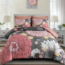 7 Pieces Comforter Set Grey Pink Botanical Floral Queen/King Size Bedding Set, Soft Microfiber Boho Farmhouse Bedding Floral Comforter With Sheets Set For Wedding Items,Home Bed Room Decor,Easter Gifts,Mothers Day Gift,All Season - Xám Hồng-1221 - Xem 9