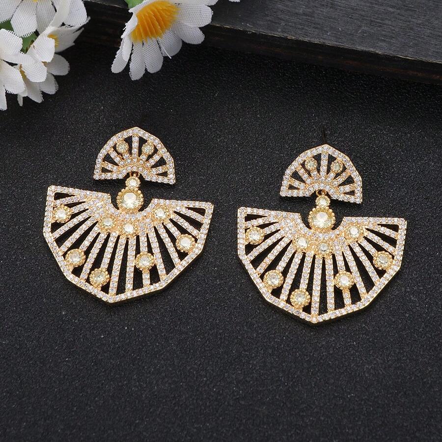 1 Pair Bright Copper Zirconia Pendant Stud Earrings, Suitable For Party/Summer Date Outfit - Fan Cloud Pattern - View 1