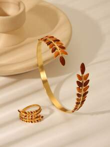 Gold-Tone Turquoise Enamel Leaf Jewelry Set - Bracelet And Open Ring With Natural Wheat Sprig Design, Suitable For Casual/Weekend Picnic Outfits - Bracelet Ring Set - View 2
