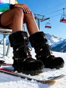 Faux Fur Boots For Women Winter Snow Boots Platform Lace Up Round Toe Boots Warm Snow Shoes Fluffy Winter Boots - 黑色2 - 查看 8