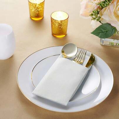 100pcs White Linen Texture Disposable Paper Napkins With Built-In Cutlery Pockets - Super Absorbent, Suitable For Weddings, Parties, Christmas Decorations, Christmas Napkins, Christmas Table Decor, Elegant Table Settings For Holidays And Special Events, Party Utensils, Refined Table Decor, Cutlery Pocket Design