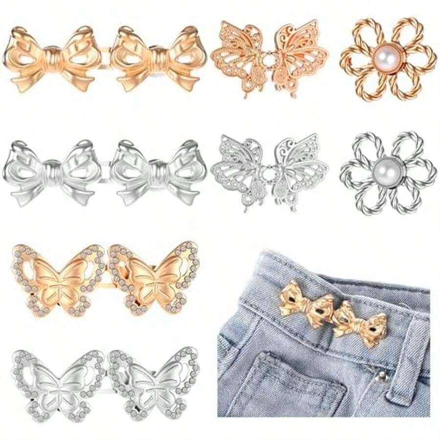 FNANJWQ 8 Pcs Pant Waist Tightener, Detachable Button Tightener For Jeans No Sew And No Tools Waist Buckles Adjustable Bow-Tie Floral Shaped Button Pins For Loose Jeans - / - View 1