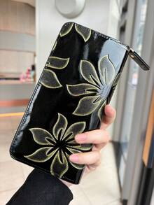 时尚高端复古压花长款女士钱包，优雅皮革雕花手拿包，带手机槽、多卡槽和零钱袋，可爱长款钱包，Fairycore - 黑色 - 查看 2