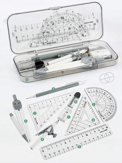 10 piezas Juego de Compás Geométrico, Regla, Transportador, Herramientas de Dibujo para Estudiantes, Suministros de Papelería de Dibujo Técnico Profesional con Portaplumas