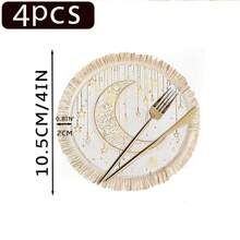 1/4/6pcs Middle East Festival Series Golden Crescent Moon With Vine Patterns & Hanging Golden Stars, Paired With Golden & Yellow Spots Linen Printed Tassel Placemats/Coasters, Elegant Ramadan Moonlight Round Placemats/Coasters, Polyester With Floral Border, Hand Washable - Ideal For Dining Tables - Multicolor - View 14