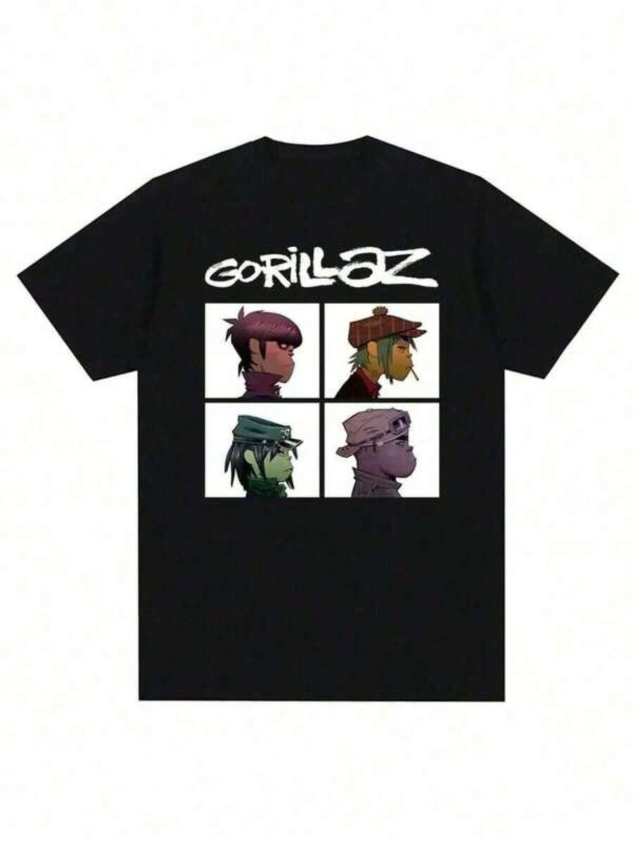 Stylish And Versatile Men's T-Shirt, Gorillazs Punk Rock Band Print Tee, 90s Casual Fashion, Plus Size Short Sleeve T-Shirt, Basic Unisex Crew Neck T-Shirts, Casual Sports T-Shirts, Wardrobe Staple, Valentine's Day Outfits For Women, Heavy Cotton Oversized Fit - màu đen - Xem 1
