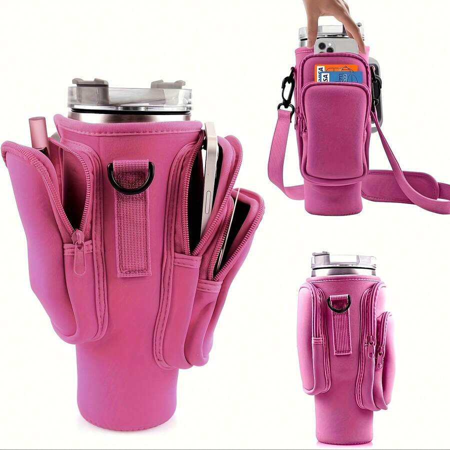 1pc Neoprene Water Bottle Carrier Bag With 3 Pockets & Phone Pocket - Fits 40/30oz Tumbler Cup Accessories Portable Bottle Holder Pouch - Perfect Father Gift For Daily Use | 24-Hour Shipping - 玫紅色 - 查看 1
