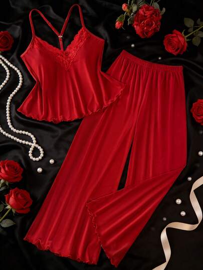 2 Pcs Women's Sexy Lingerie Set Solid Color Backless Top With Adjustable Straps & Comfortable Stretch Pants Lace-Trimmed Home Sexy Pajama Set Elegant And Refined Carnival Party Outfits Valentine's Day Surprise Gifts