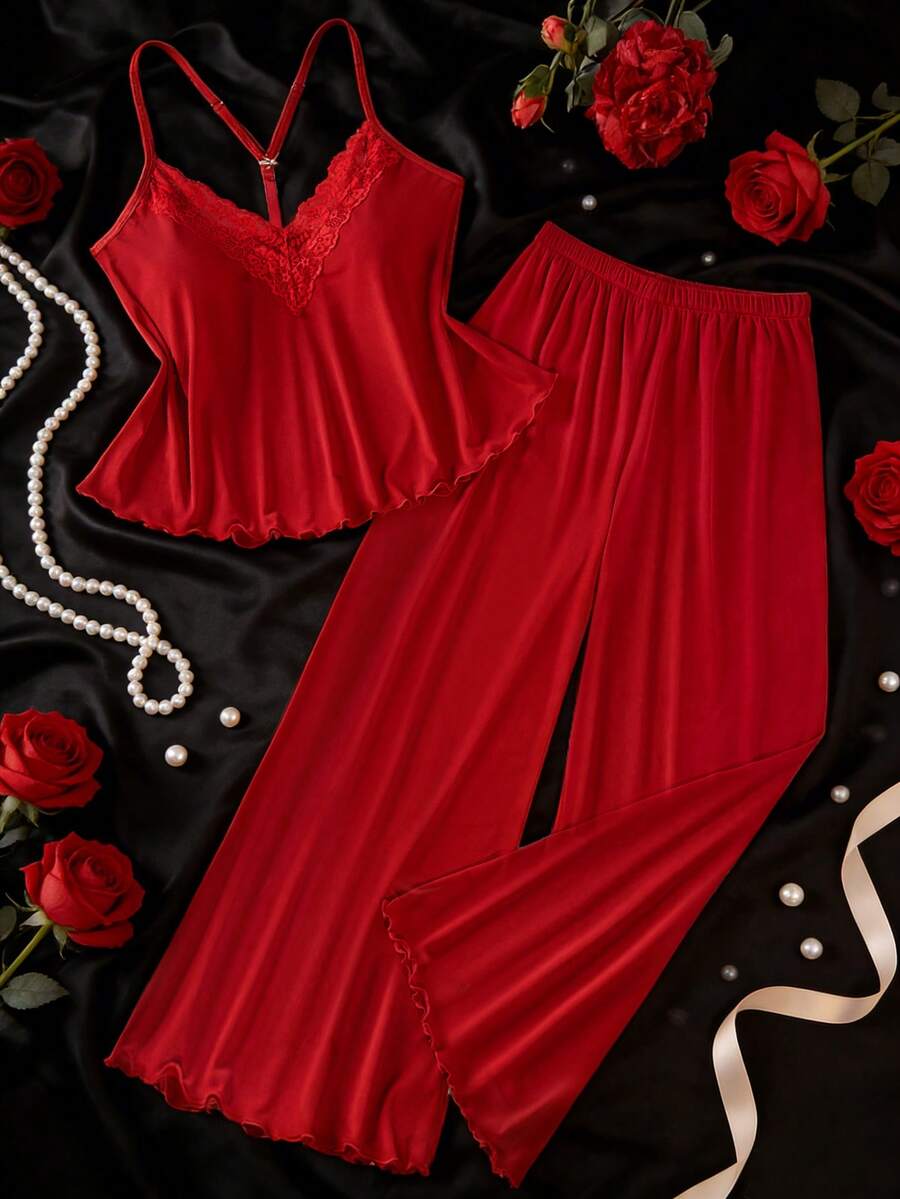 两件套女士性感内衣套装，纯色露背上衣，配有可调节肩带；舒适弹力短裤，饰有蕾丝花边，性感睡衣套装 - 酒紅色 - 查看 1