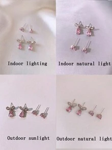 2pcs Cute & Refreshing Pink Bow Earrings, Minimalist Design, Shiny Heart Earrings, Ideal Gift For Best Friends - Multicolor - View 5