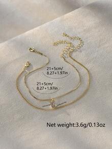 2pcs Geometric Rectangle Pendant Anklet Set With Copper Inlaid Cubic Zirconia, Layered Gold Chain, Suitable For Casual Daily Wear - Yellow Gold - View 5