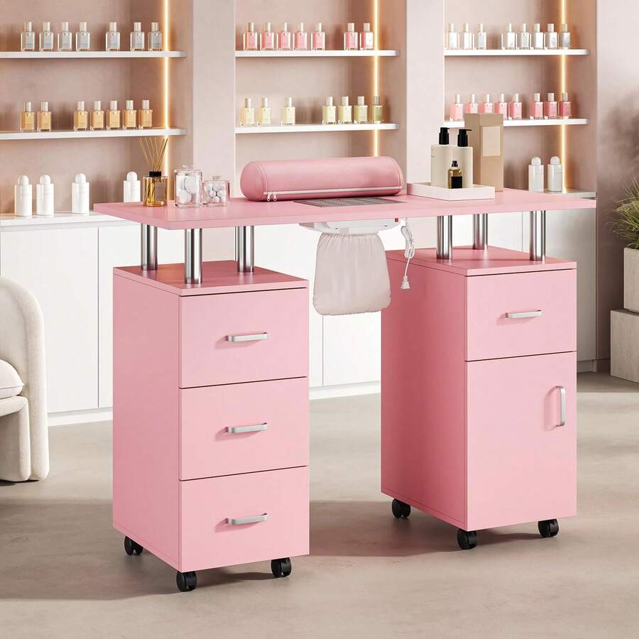 computadora de uñas para tecnología de uñas, Mesa de manicura con colector de Polvo y reposamanos, estación de uñas con armarios de Almacenamiento, 4 cajones y Ruedas con Cerradura para - Rosa - Ver 1