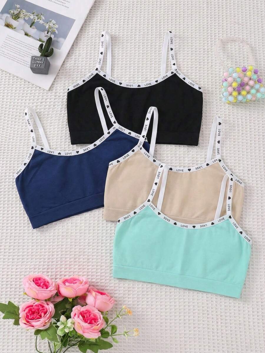 4件装女童休闲时尚字母印花吊带文胸，无缝柔软舒适透气运动文胸，适合青少年和学生穿着 - 彩色 - 查看 1