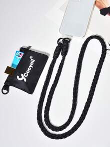 1 Set Black Woven Nylon Phone Lanyard Strap + Square Pouch Wallet Coin Purse Earphone Card Holder, Unisex - Black Braided Long Rope + Square Bag - View 6