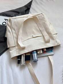 Bolso de lona tipo tote de gran capacidad de la marca X Milania para mujeres, reutilizable, adecuado para uso diario y viajes, bolso de estudiante, diseño de múltiples compartimentos, ideal para la playa - Beis - Ver 6