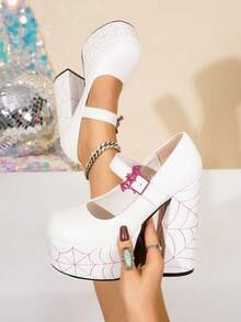 Buckle Spider Web Embroidered Thick Sole Mary Jane Pumps - White - View 2