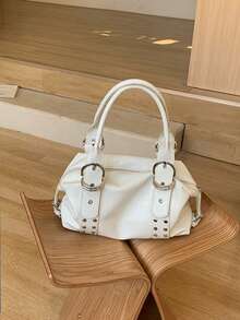 1pc White Women's Handbag, Vintage Punk Rivet Street Style Tote Bag, Large Capacity Metal Ring Fashion High-End Motorcycle Shoulder Bag, Suitable For Commuting, Dating, Daily Matching, Suitable For Career Women, College Students, Fashion Enthusiasts - White - View 5