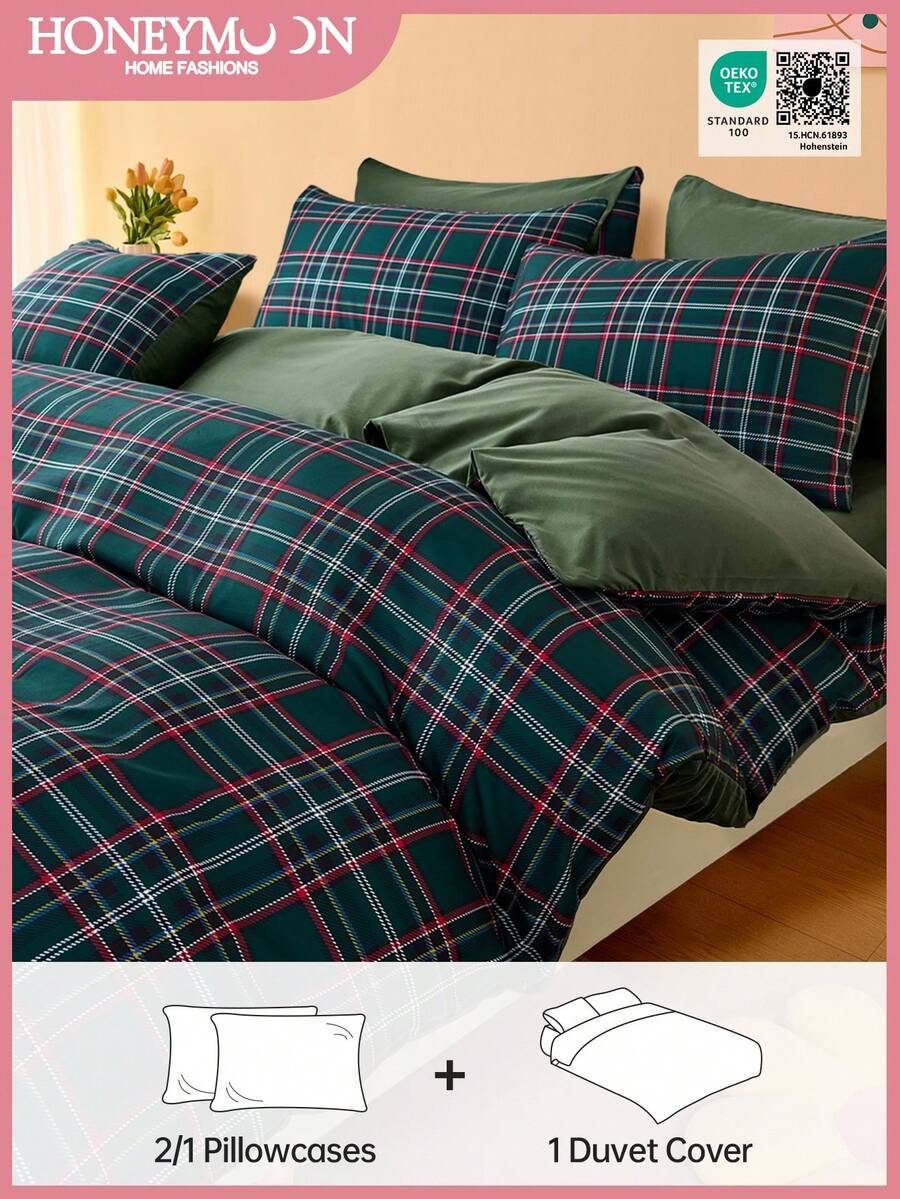 2/3件套绿色格子印花被套套装（1个被套+1/2个枕套，不含被芯），时尚床上用品，卧室和宿舍必备，通过Oeko-Tex认证 - 彩色 - 查看 1