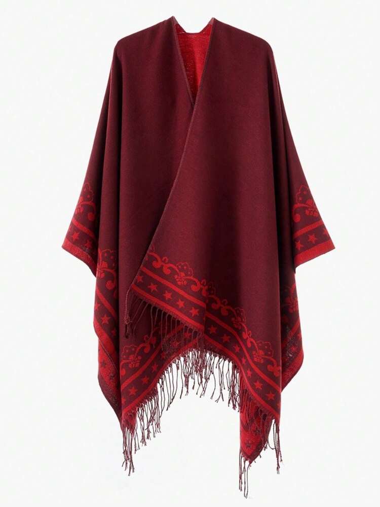 2025 Nuevo Chal de Otoño e Invierno Bufanda Estrella Jacquard Flecos Chaleca de Punto de Alta Calidad Estilo Retro - Rojo - Añade 2