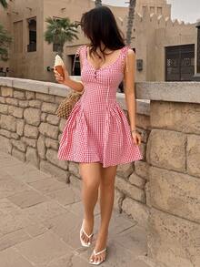 abyoxi Women's Red & White Plaid Camisole Heart Neck Waist Cinched A-Line Ruffle Hem Mini Dress, Casual Sweet Retro Date Daily Outing Holiday Spring/Summer Mini Dress - Red - View 4