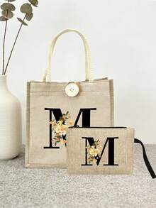 A-Z字母印花亚麻手提袋套装，个性化礼品，附赠小收纳袋，花卉图案，母亲节礼物，黄色亚麻手提袋配黑色肩带，大小号手提袋组合，送给女性、母亲、老师、朋友、伴娘的完美礼物，适合海滩、旅行等场合。 - 彩色 - 查看 3
