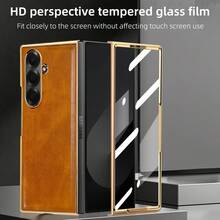 超薄电镀皮革手机壳，带钢化玻璃屏幕保护膜，兼容三星 Galaxy Fold 2/3/4/5/6/7，防震保护套 - 棕色 - 查看 3