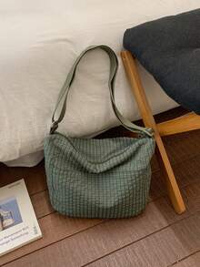 Korean & Japanese Style Plaid Print Fabric Women's Casual Versatile One Shoulder Bag, Front Double Pockets, Lightweight Foldable Zipper Closure Adjustable Long Strap, Suitable For Daily Use, School/College Students, Simple & Cute, Crossbody Bag For Shopping - Multicolor - View 16