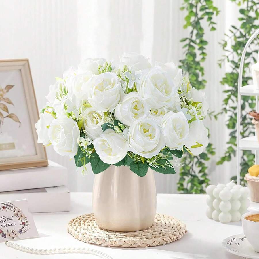 1pc/80stems Romantic Silk Peony Hydrangea Bouquet Artificial Flowers, Plastic Flower Arrangement For Wedding/Home/Bedroom/Living Room/Dining Table Decor, Bridal Bouquet, Mother's Day - White - View 1