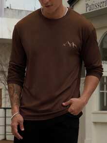 Áo thun nam cổ tròn tay dài in hình núi tối giản, mặc thường ngày, mùa xuân/thu - Cà phê nâu - Xem 3
