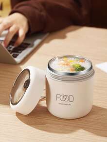 1pc Stainless Steel Vacuum Insulated Portable Lunch Box, Keeps Food & Soup Warm, Comes With Foldable Spoon - Beige - View 5