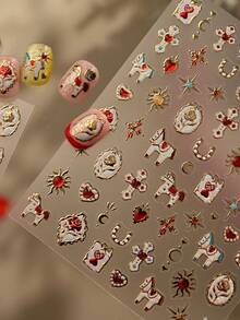 1 Stück Vintage Präge-Schaukelpferd, Stern, Mond, Herz Totem, Rose, Edelstein, Schloss, Hengst Nail Art Aufkleber, 5D mysteriöse elegante Nail Decals, selbstklebende Nail Art Dekorationen für Frauen Nägel Nagelbedarf - Verschiedenfarbig - Übersicht 3