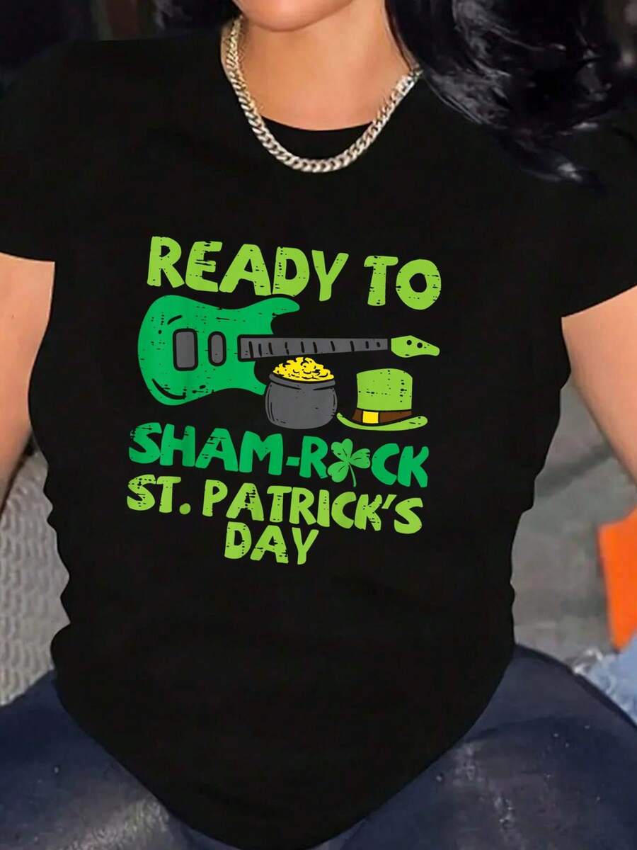 Camiseta gráfica de cuello redondo 100% algodón lista para el Día de San Patricio con diseño de guitarra y música para mujeres y hombres, camiseta informal para vacaciones - Negro - Ver 1
