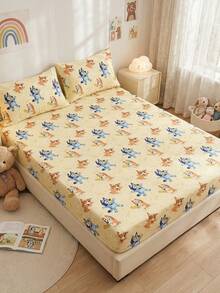 Bluey 1件装布鲁伊主题床笠，床上用品，床垫保护套，床罩，床单，舒适家纺，透气防起球床垫保护套，布鲁伊小爱心主题，卡通床罩，家居装饰，卧室宿舍装饰床罩，适用于所有尺寸的床 - 单人床、双人床、大号床、特大号床，四季皆宜，可机洗，防尘防滑，不含枕头和枕套，完美的节日礼物，房间装饰 - 彩色 - 查看 7