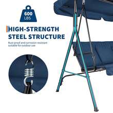 Silla Columpio para Jardín ¡Relájate! │ Banco Mecedor de 3 Plazas con Toldo Ajustable y Cojines Mullidos │ Estructura de Acero para Exterior │ Perfecto para Porche, Terraza o Patio - Azul - Ver 5