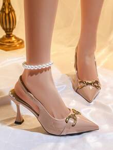 Women's Pointed Toe Metallic Buckle Accent High Heel Party Shoes - Barely Pink - View 8