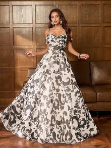 Faeriesty Vestido maxi de hombros abiertos elegante para mujer: Vestido ajustado con estampado floral, espalda cruzada, tirantes de espagueti y volantes escalonados en el bajo, con tirantes ajustables - Perfecto para sesión de fotos nupcial, invitada de boda de jardín, celebración de aniversario, escapada romántica, fiestas formales de primavera en interiores, color negro - Negro - Ver 5