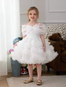 小女孩白色吊带露肩亮片手工串珠网纱优雅圣诞派对A字连衣裙，公主裙，适合女孩生日派对、宴会、舞会、婚礼花童、复活节、毕业典礼等场合 - 白色 - 查看 4