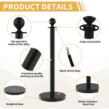 Barandillas con Cuerdas de Terciopelo Negro + Alfombra Roja de 26 Pies, Postes de Acero Inoxidable para Control de Multitudes, Ideal para Bodas y Eventos - 12 - Ver 6