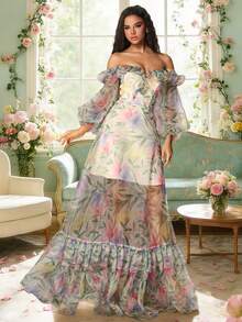 VIPGIRL New Arrival Blue Lantern Sleeve Off-Shoulder Printed Elegant High-End Design Mesh Women's Evening Gown - Green - View 5