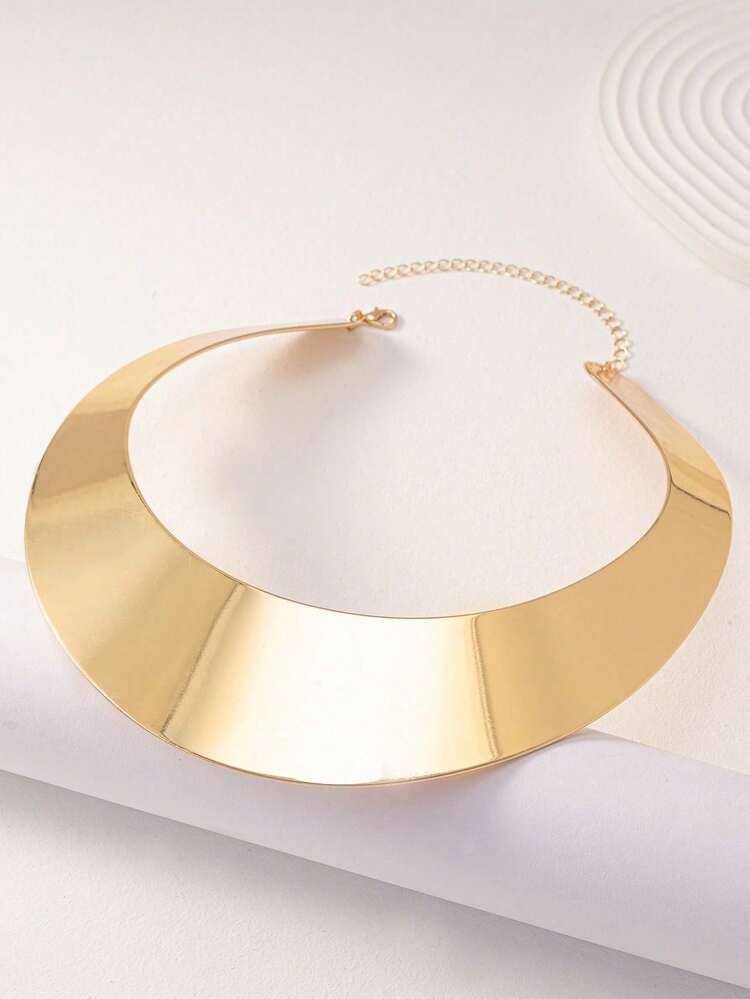 1pc Oversized Gold Tone Round Neck Necklace, Chunky Bracelet Style Necklace Suitable For Daily Wear And Party Decoration - Gold - View 3