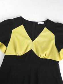 Plus Size Women's Black & Yellow Contrast A-Line Dress, V-Neck Flare Sleeve, Elegant Cocktail Party Dress - Black - View 5