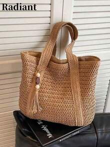 Túi xách đa năng thời trang mới, túi đi biển, túi đeo vai kiểu boho dệt bằng rơm nhẹ nhàng, thanh lịch, dung tích lớn, phù hợp cho phụ nữ, sinh viên đại học, thanh thiếu niên, có tua rua, túi đi biển mùa hè bằng rơm cho nữ, vật dụng cần thiết cho kỳ nghỉ, phối hợp hoàn hảo với phụ kiện đi biển cho nữ, túi đi biển hot nhất cho nữ, túi đi nghỉ hè thời trang, túi cần thiết cho nữ đi biển trong kỳ nghỉ, túi đi nghỉ mới nhất - Màu Khaki - Xem 7